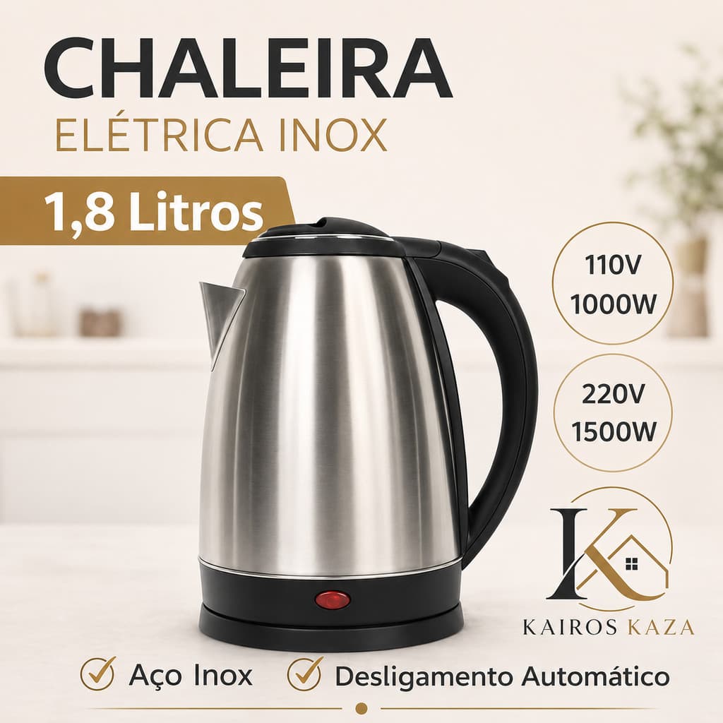 Chaleira Elétrica Aço Inox Térmica 1.8L Inox 110 e 220v