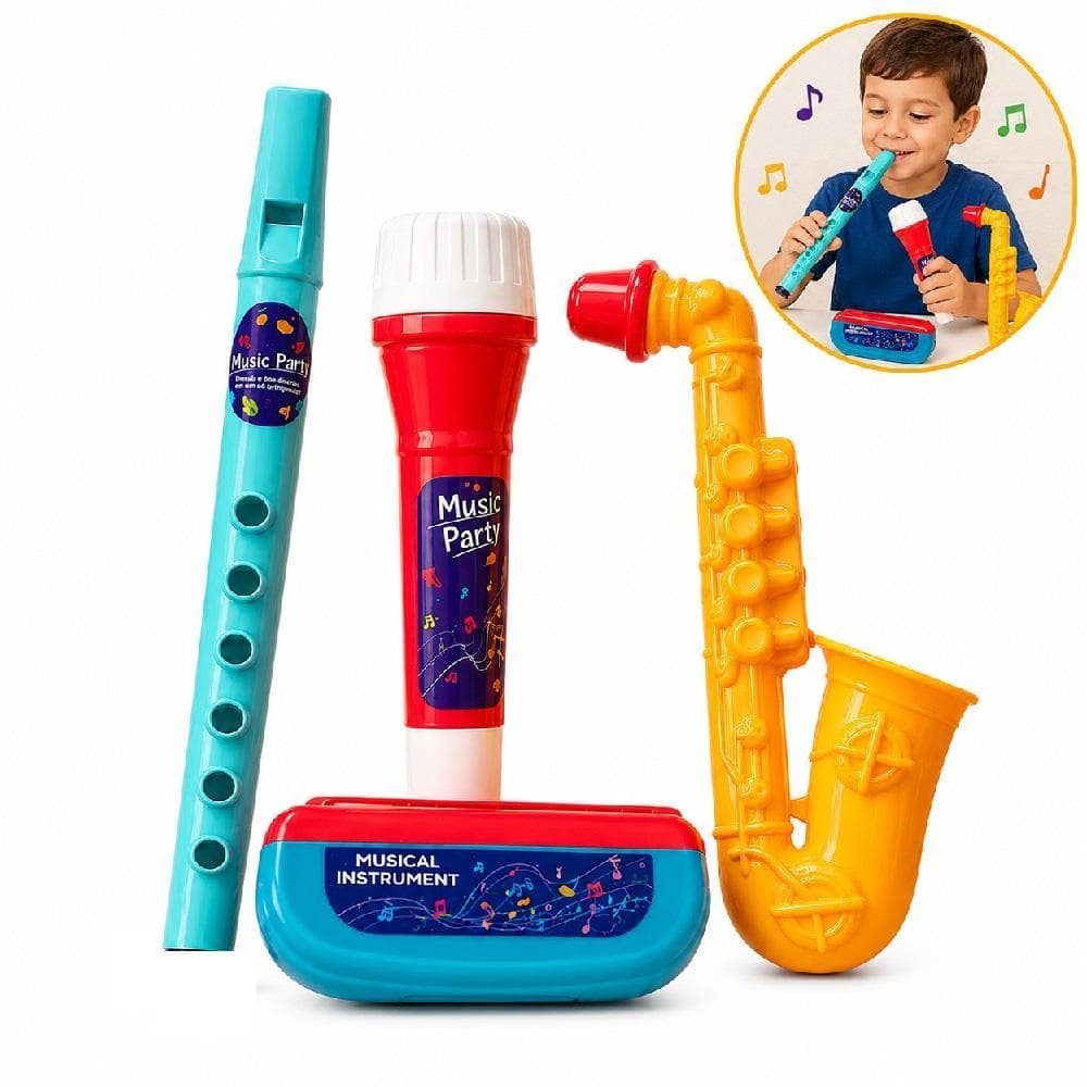 KIT TROMPETE INFANTIL MICROFONE FLAUTA GAITA MINI INSTRUMENTO MUSICAL 4 PEÇAS BANDINHA EDUCATIVO CRIANCAS JAZZ