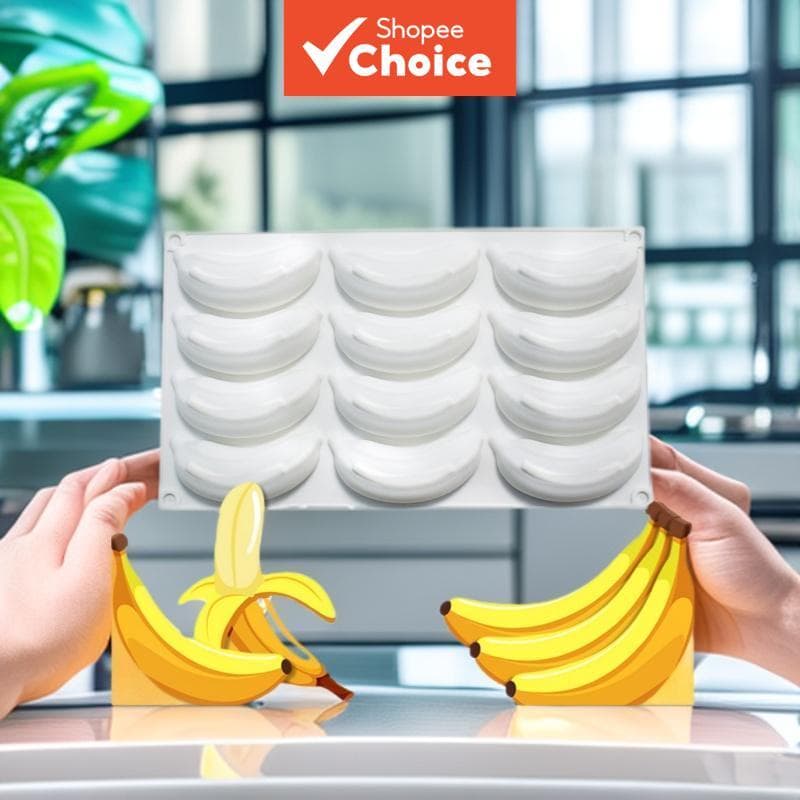Molde de Silicone com 12 Cavidades de Banana para Bolo de Gelatina e Mousse, Ideal para Confeitaria e Chocolate