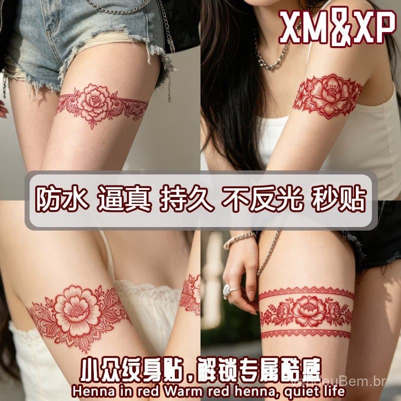 Tatuagem corporal feminina tradicional vermelha à prova d'água, estilo tribal, com desenho de flores e brisa do mar, de
