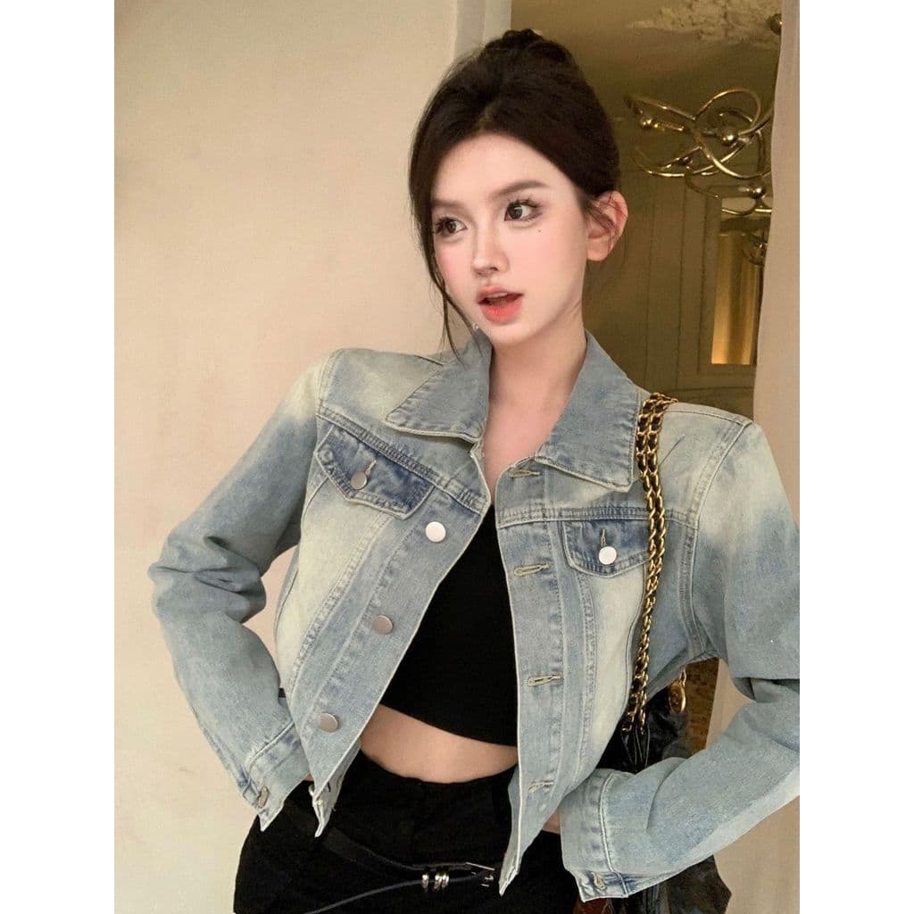 Jaqueta curta jeans outono novo estilo versão coreana solta lavada pequena moda retrô elegante Top