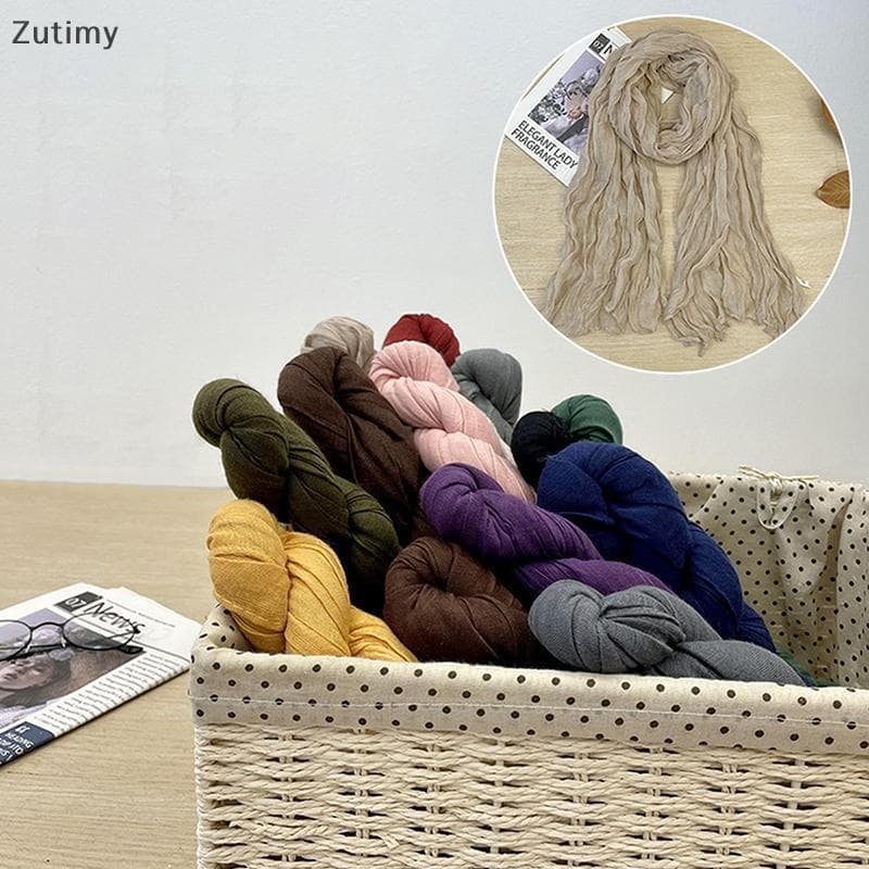 [Zutimy] Lenço Feminino Dobrado De Linho De Algodão Estilo Coreano Fino Cor Pura Simples Combinação Longa Envoltório De