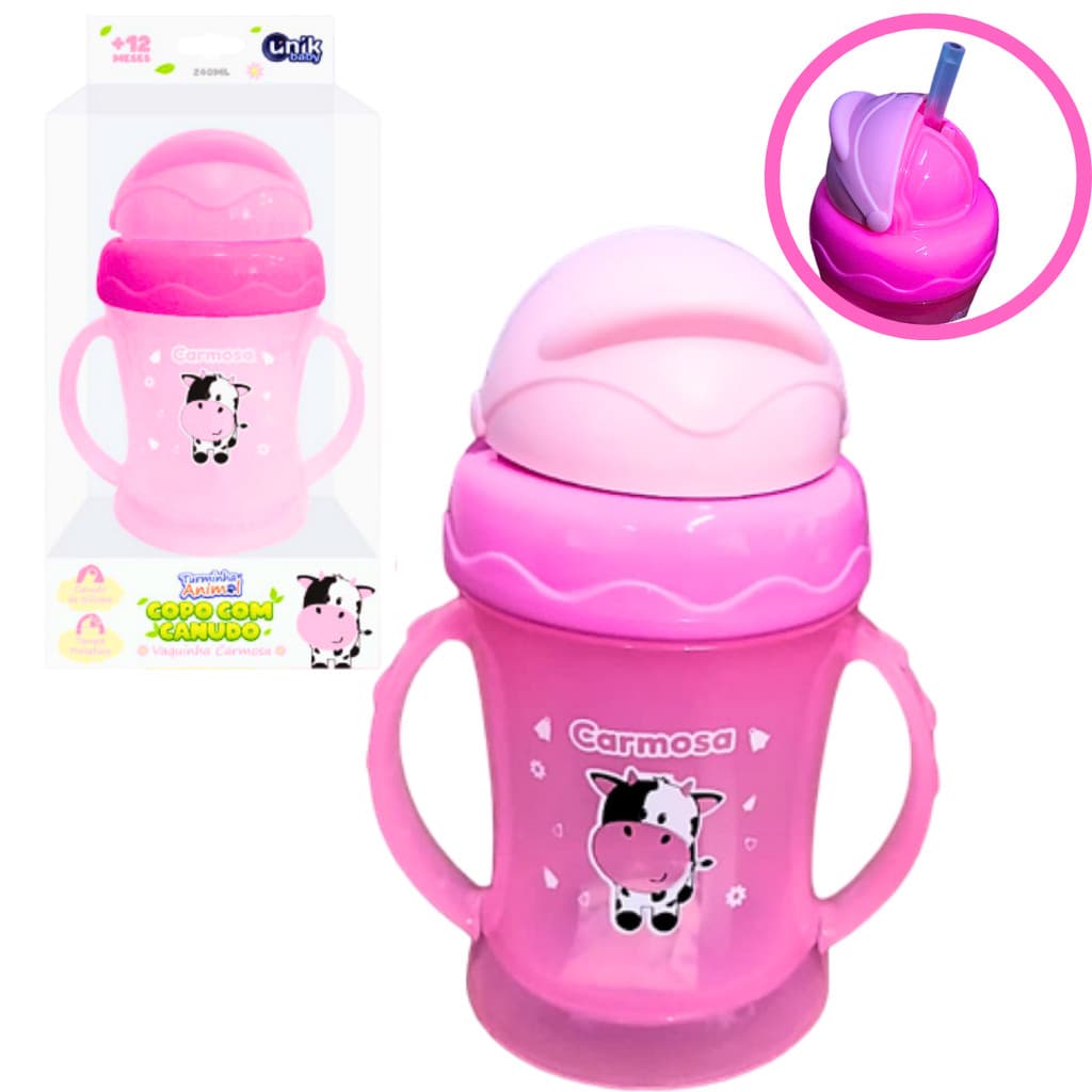 Copo De Transição Infantil Com Canuda De Silicone 240ml Carmosa Vaquinha