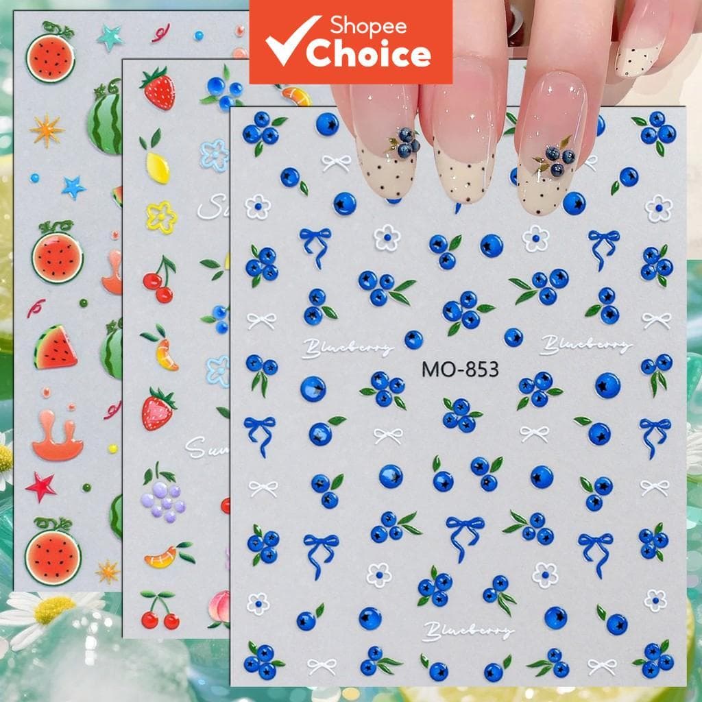 3/6/12 folhas de adesivos de frutas 5D para unhas – mirtilo, morango, melancia – adesivos de verão para nail art,