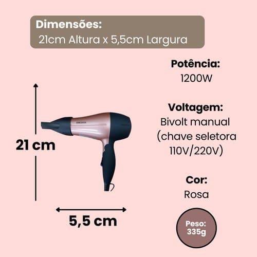 Secador Cabelo Portátil 1200W Bivolt Compacto Leve Potente Rosa Alta Performance
