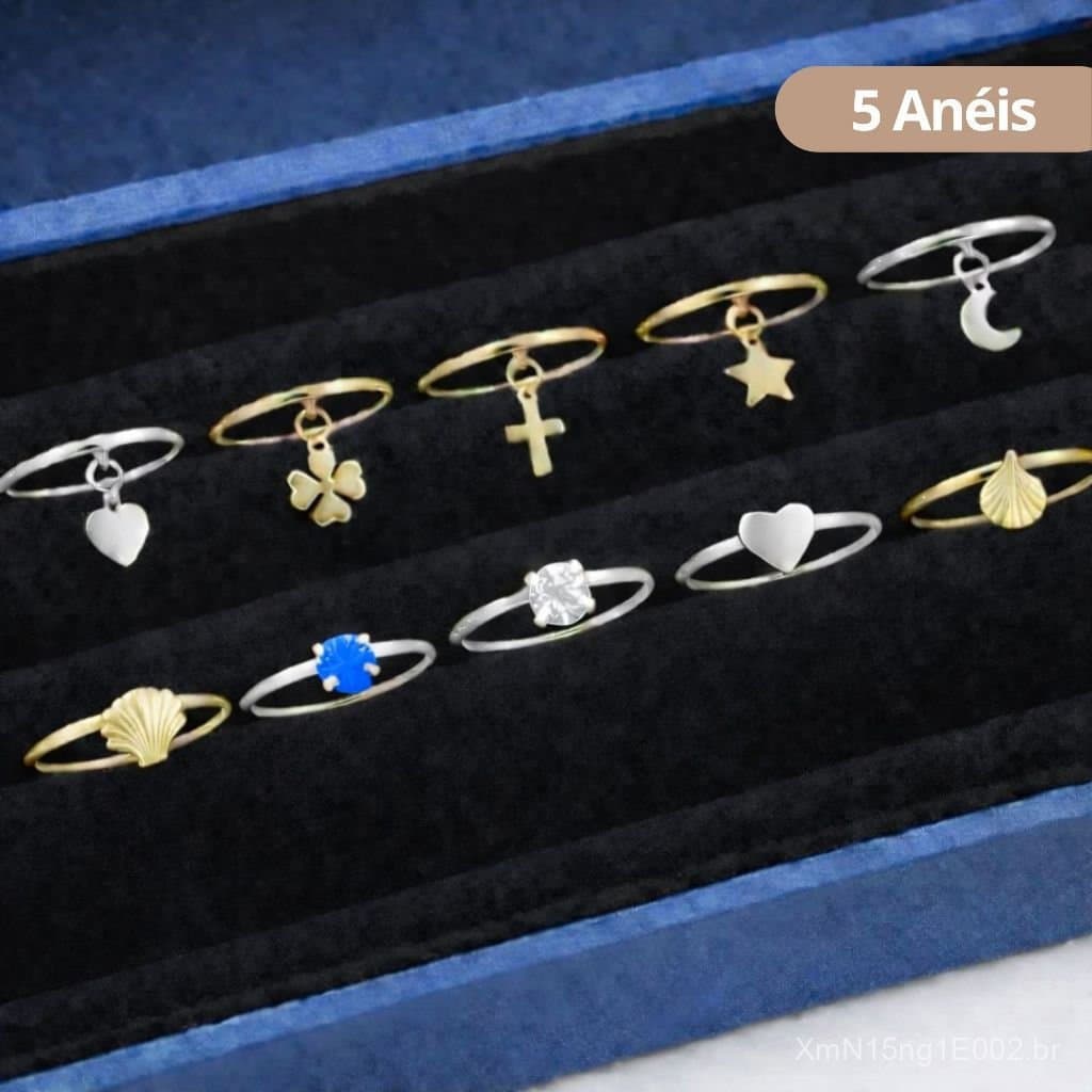 Kit Semi Joias 5 Anéis Folheados a Ouro 18k e Prata P/ Revender