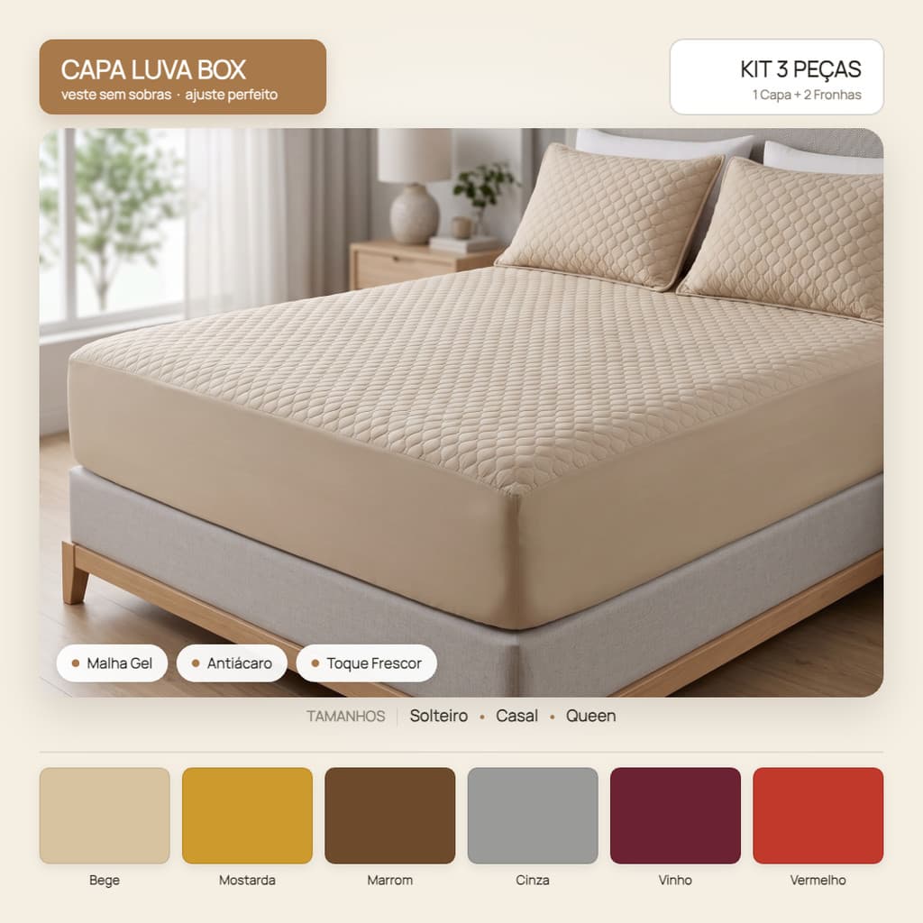 Capa de Colchão Casal Cama Solteiro Box Queen Malha Gel Antiácaro Jogo 3 Peças com Saia