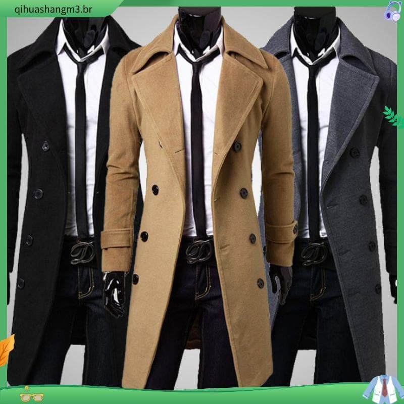 Casual Cor Sólida Manga Longa Masculina & # 39casaco De Moda De Inverno Com Bumbum , Bolsos , Casacos Longos E Duplos Sl