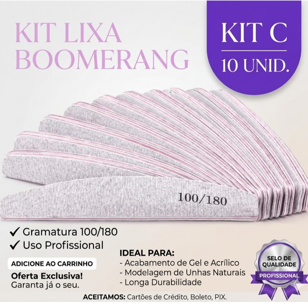 LIXA BUMERANG 100/180 LAVÁVEL PARA UNHAS Alongamento Gel Fibra