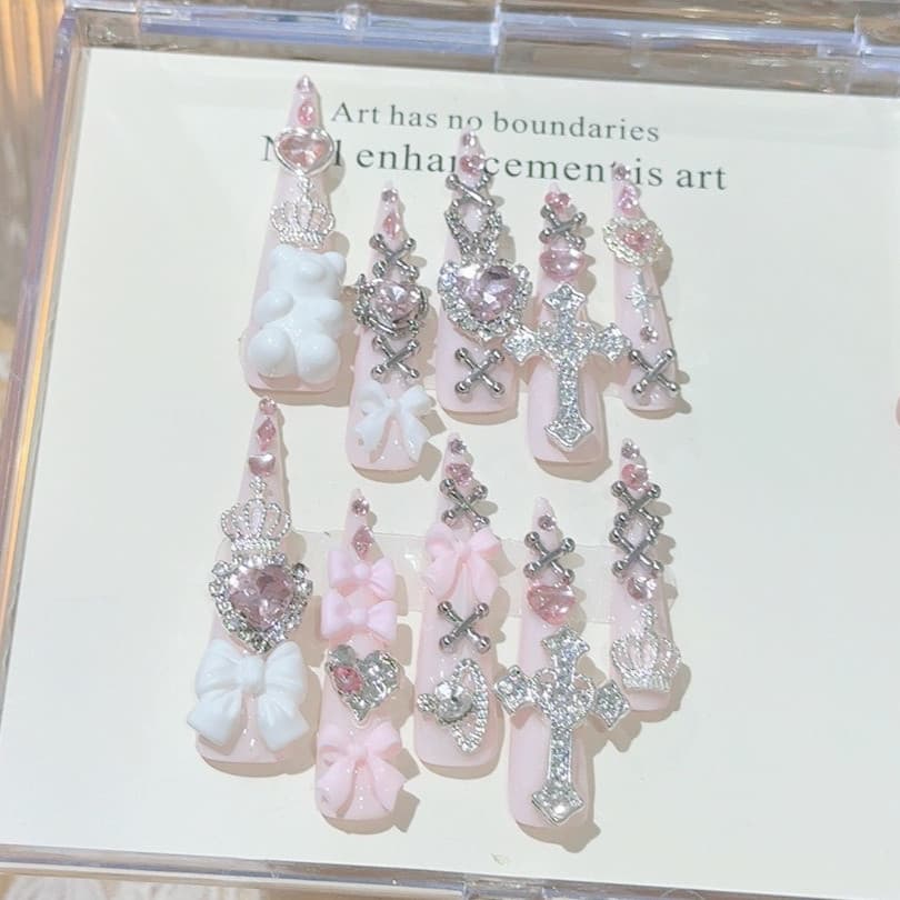 Rosa Jirai Bonito Artesanal Imprensa Em Unhas Shibuya Gyaru Arco Coração Cruz Diamante Espumante Falsas