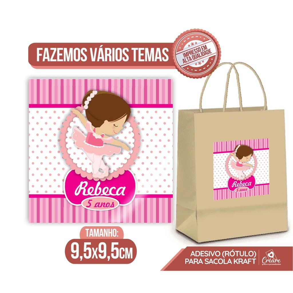 Kit Rótulo Adesivo - Bailarina - Para personalizar sacolas Kraft - Adesivo com brilho - Fazemos vários temas