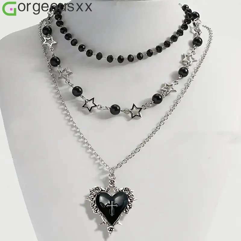 [Gorgeousxx] Punk Thorn Rosa Preto Amor Coração Pingente Estrela Contas Colares Em Camadas Joias Femininas