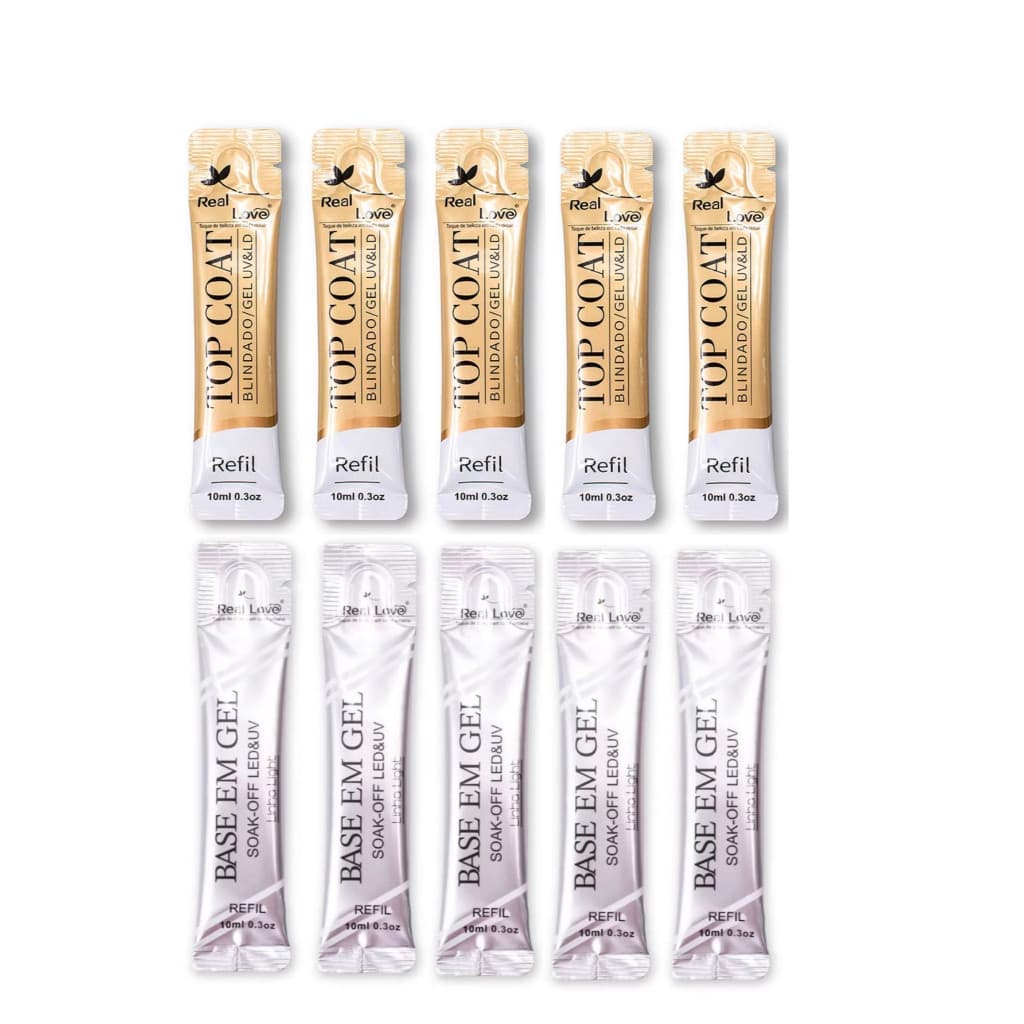10 Sachês Base Em Gel, Top Coat Blindado ,Real Love Refil