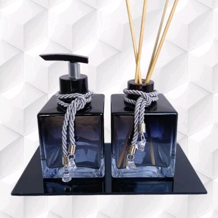 Kit Lavabo Banheiro Cubo Azul Degradê/Bandeja Porta Sabonete e Aromatizador de Varetas