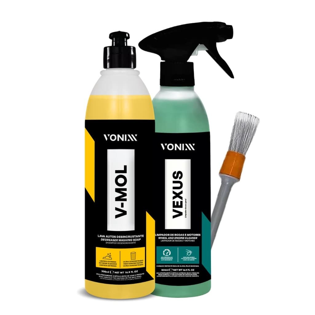Kit Shampoo V-mol Desengraxante Limpa Roda Motor Vexus Pincel Detalhamento Automotivo