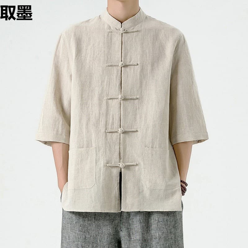 Estilo Chinês Camisa Asiática Masculina Tang Algodão Masculino De Três Quartos Verão Retro Gola Topo