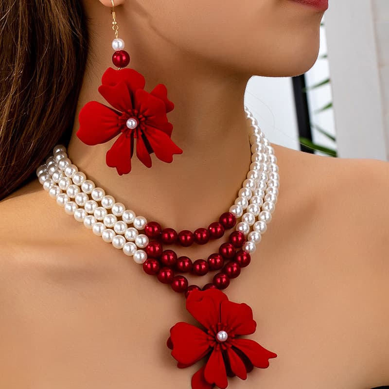 Conjunto Colar e Brincos Pérola 3 Camadas Flor Vermelha Elegante Retro Festa Presente Feminino