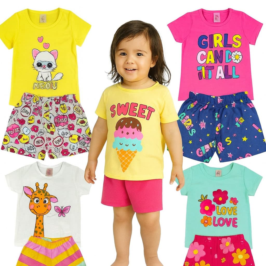 Kit Sortido 2 ou 4 Peças de Roupa de Menina Verão Infantil Bebê Feminino Conjunto Infantil Bebê Menina Verão Manga Curta