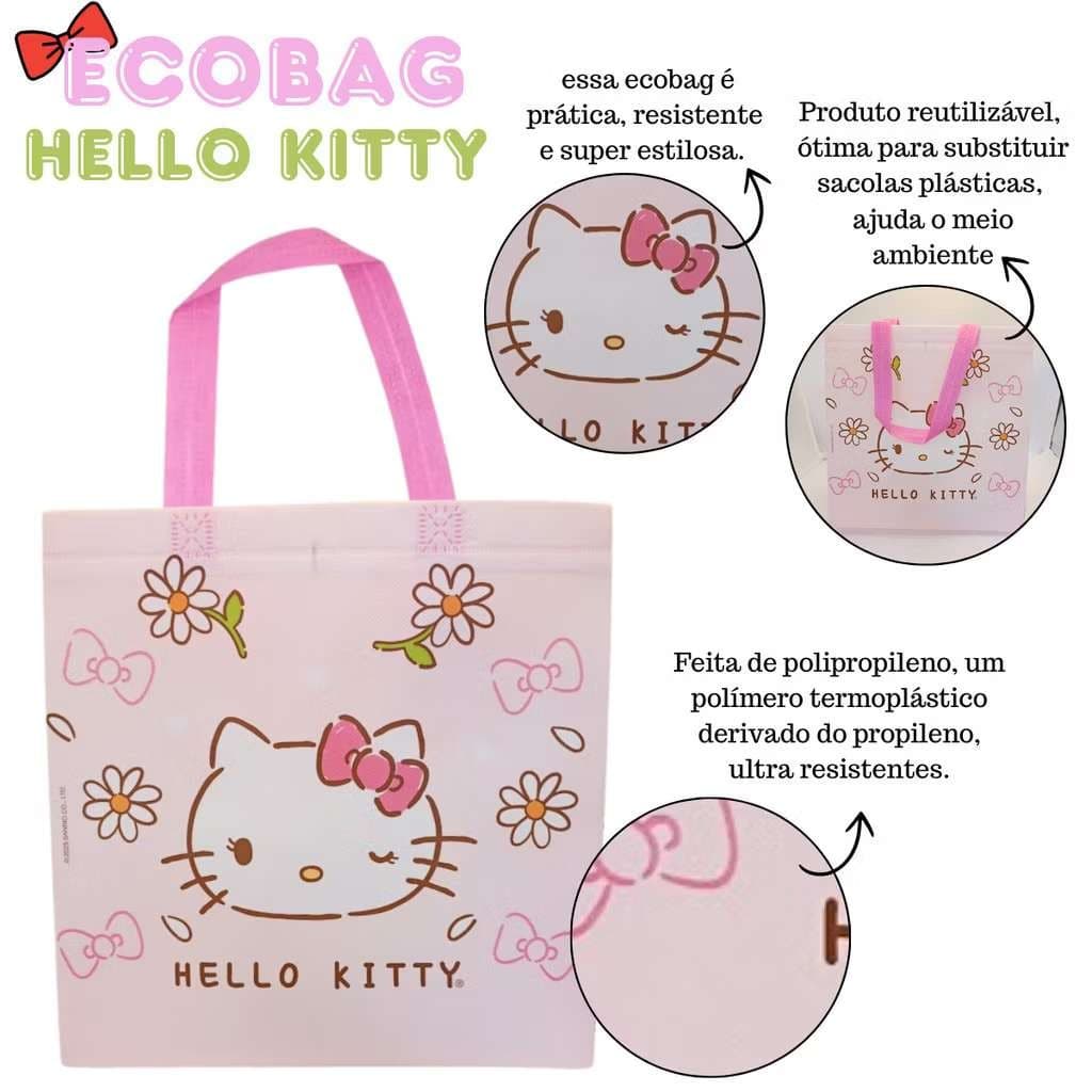 Sacola Hello Kitty Rosa com Flores | Ecobag Reutilizável | Bolsa Fofa para Compras-Presentes