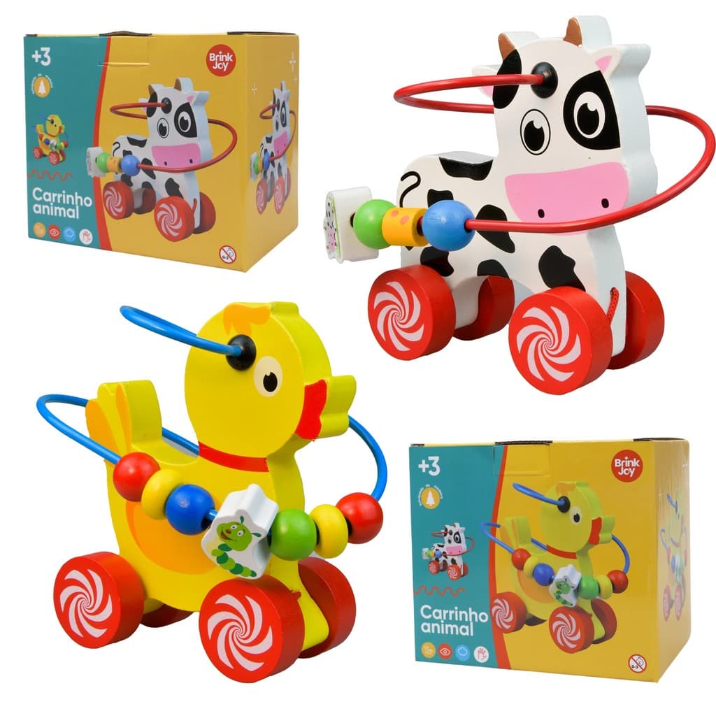 Brinquedo de Madeira Ark Toys Aramado com Rodinhas Vaquinha ou Patinho Motricidade Fina +12 Meses