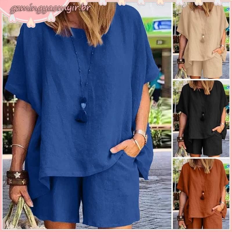 2024 Moda Loose Algodão Linho Terno de Manga Curta Shorts Senhoras Casual Terno de duas peças Plus Size Roupas Femininas