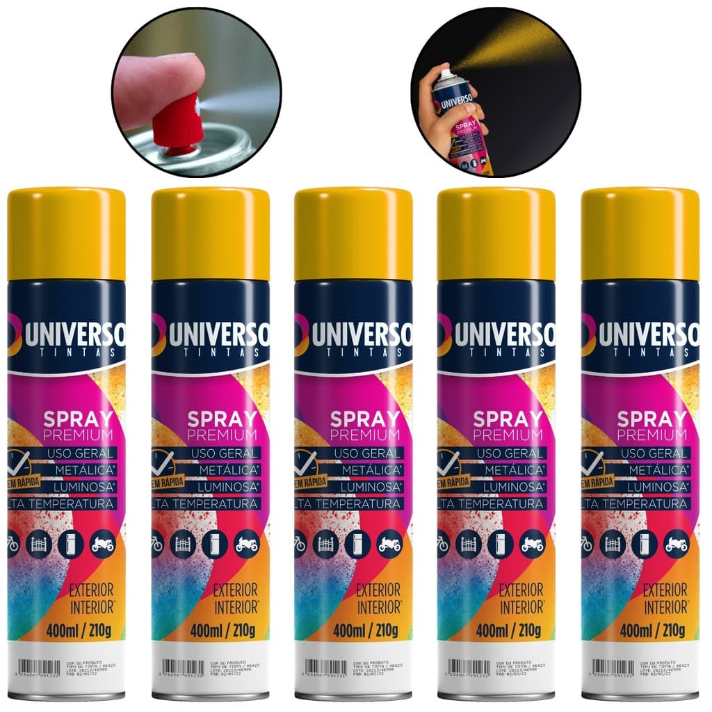 Kit 5 Tintas Spray 400ml Amarelo Uso Geral Universo Tinta para Pintura de Aço Ferro Couro Gesso e Cerâmica Obra