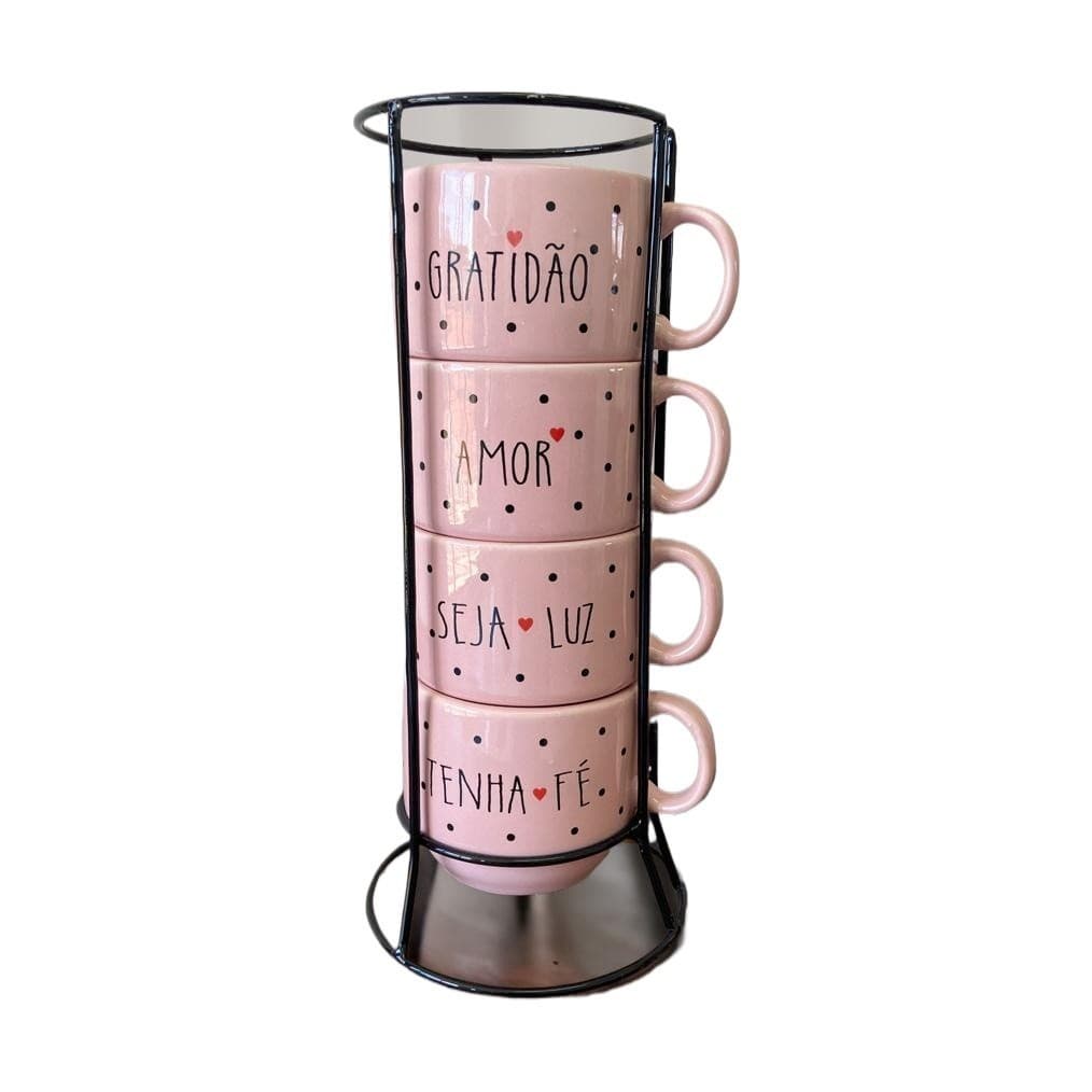 Jogo De Xícaras Café Chá Rosa Com Suporte Kit 4 Canecas Poá