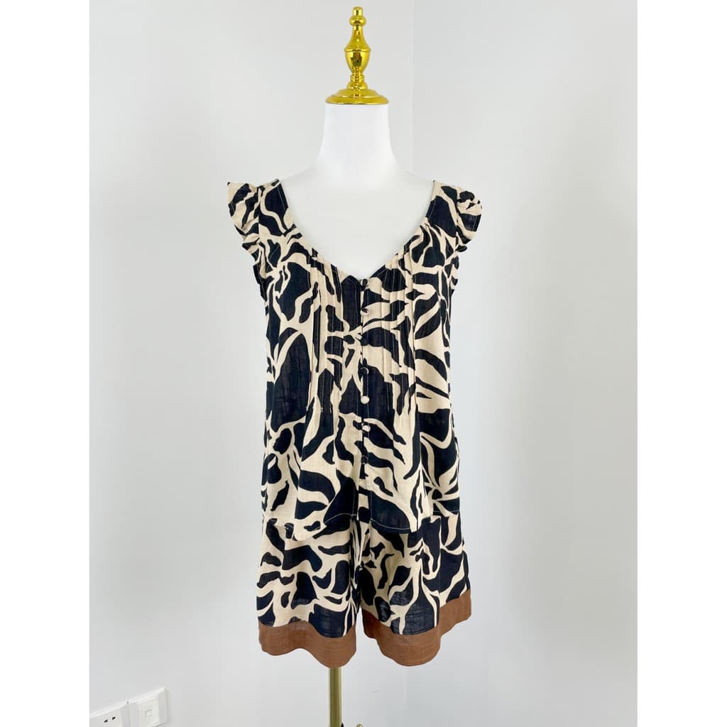 E6042 outono novo estilo elegante impresso pano botão plissado topo + Shorts de cintura alta terno feminino algodão linh
