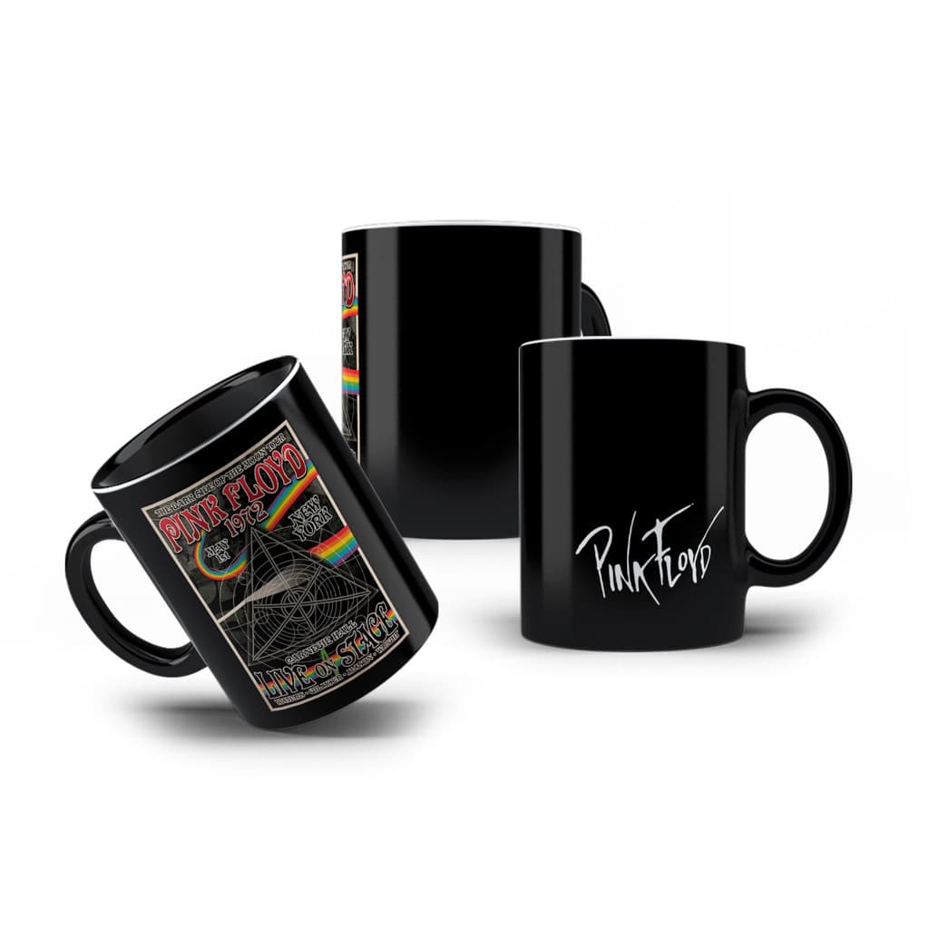 Caneca de Porcelana Preta Pink Floyd 1972 NY Dark Side Tour
