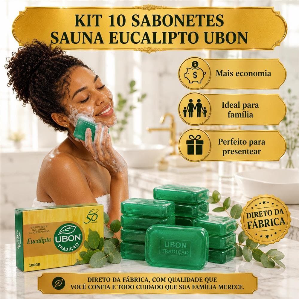10 Sabonetes em Barra Glicerinado de Eucalipto Sauna Frescor Hidratação e Limpeza Natural - Ubon