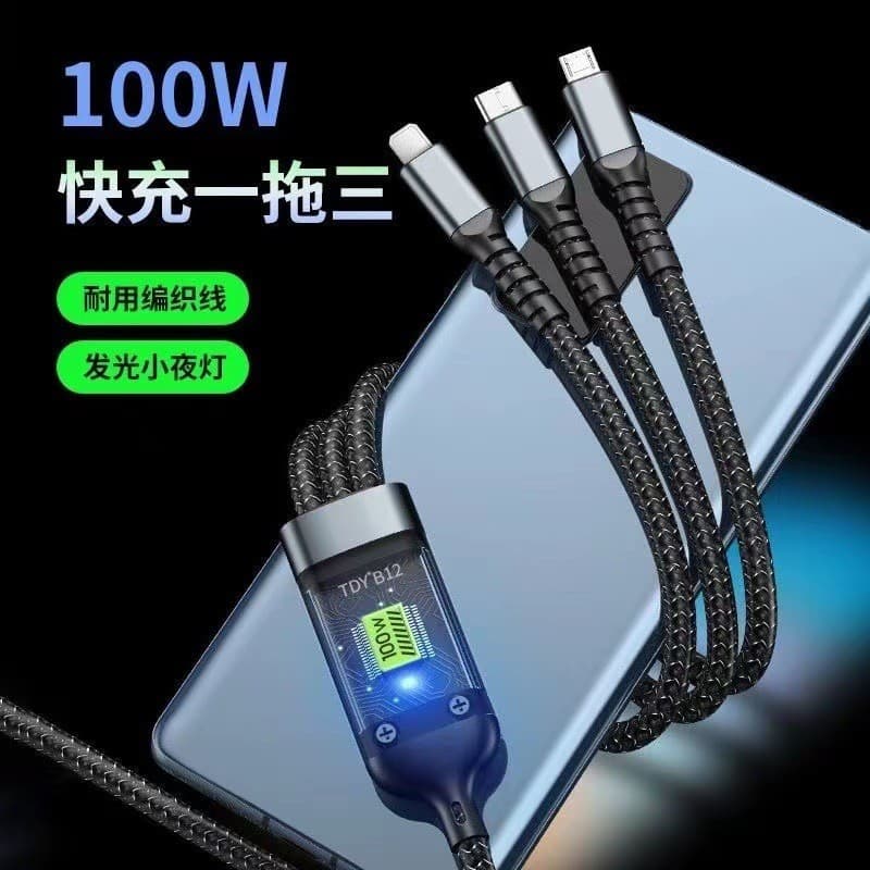 Display Digital luz transparente três-em-um 100W cabo de dados carregamento rápido adequado para Android Huawei Apple um