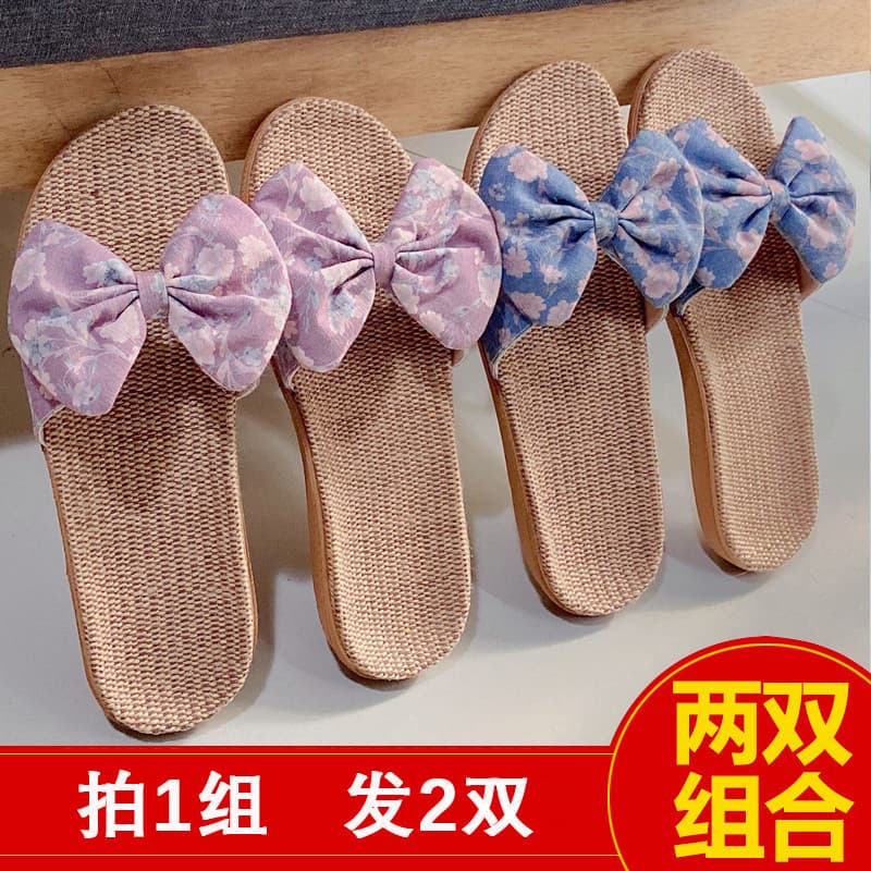 2024 novo estilo arco chinelos de linho feminino verão casa interior sola grossa antiderrapante sandálias bonitos chinel