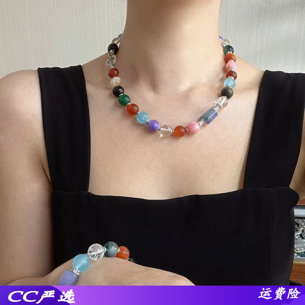 Design Retro nicho colorido quartzo rocha Natural ametista obsidiana contraste cor Multi-tratamento pulseira colar