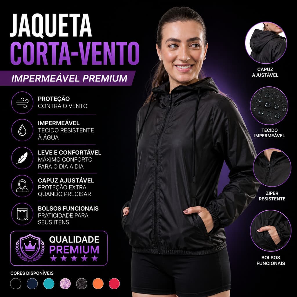 Jaqueta Corta Vento Feminina Impermeável Capuz Academia