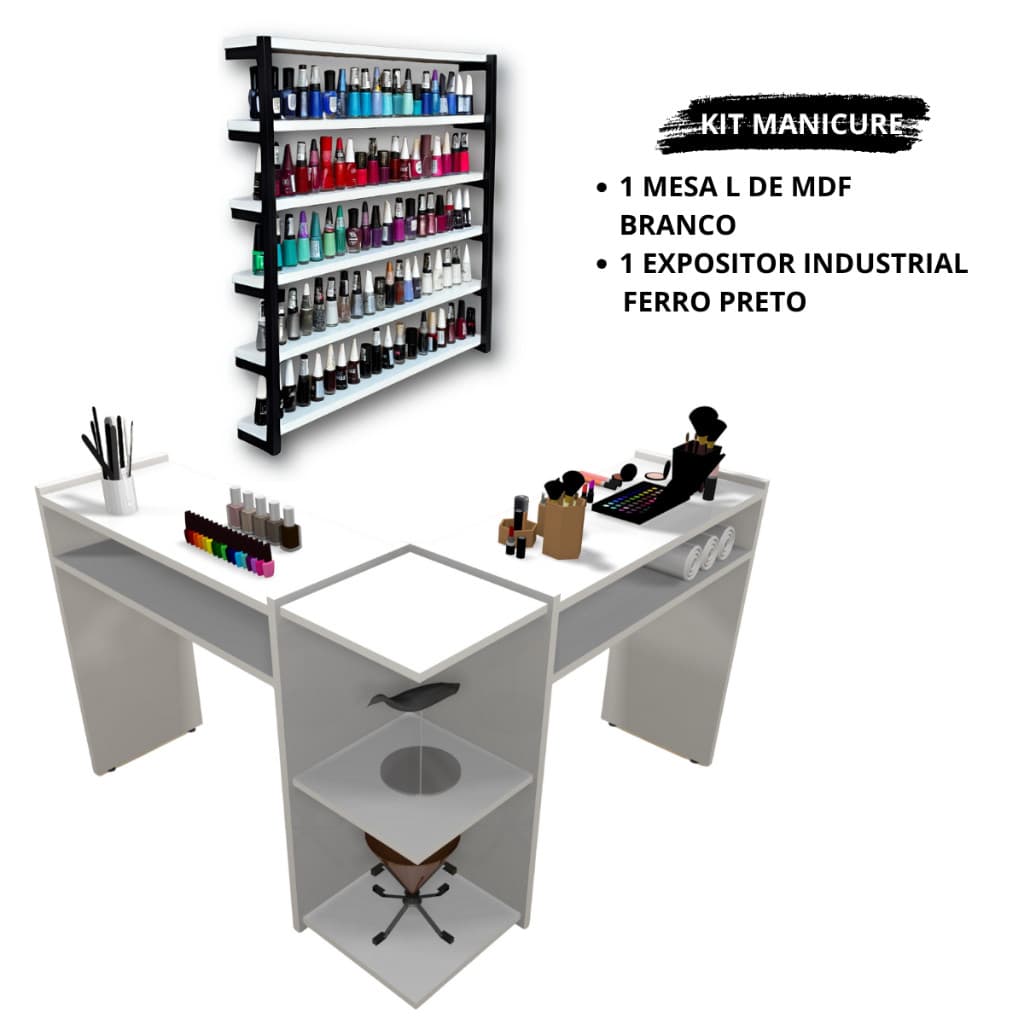 Mesa Manicure em  L MDF Branca + Organizador de Esmaltes Metalon Varias Cores