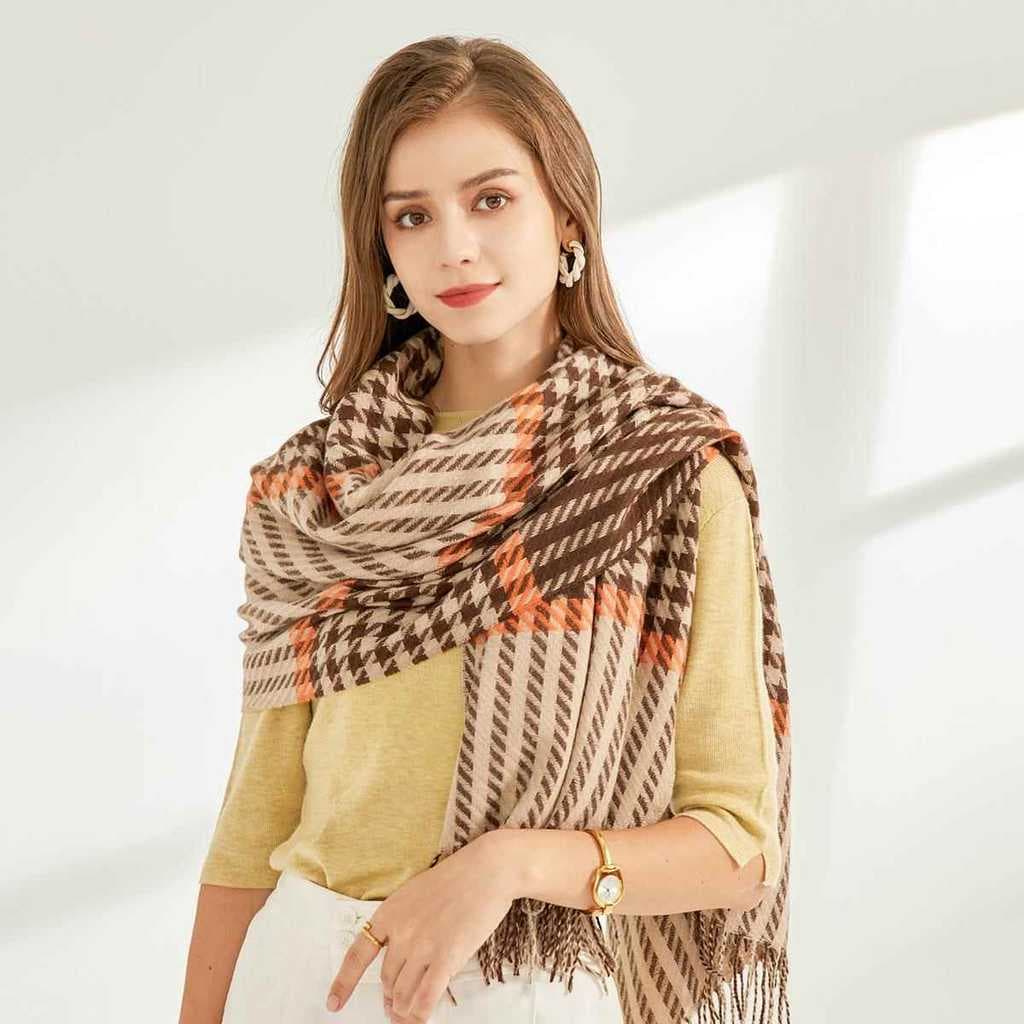 Ins simples temperamento café cor Houndstooth cachecol feminino outono inverno versão coreana All-Match imitação de caxe