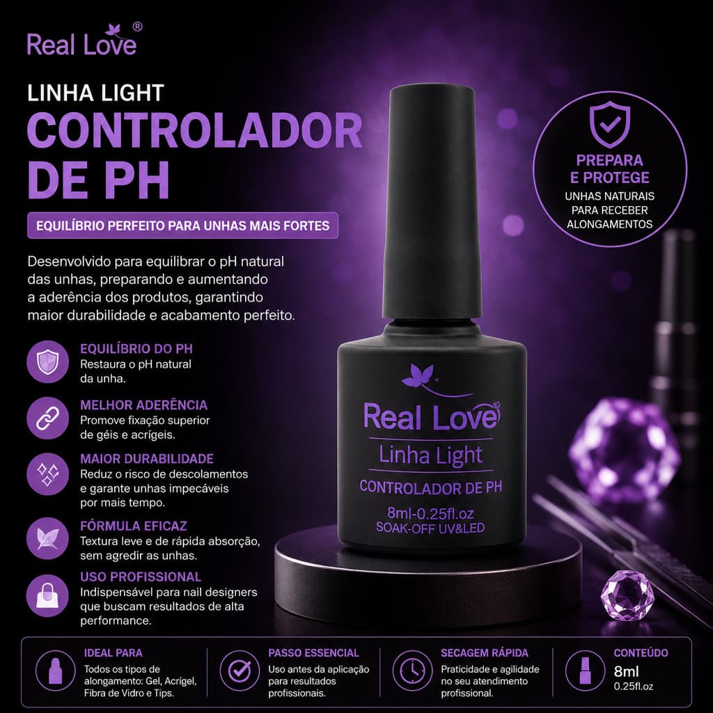 Controlador de PH Real Love Linha Light 6ml Desidratador Para Unhas Gel Acrígel Fibra de Vidro Prep Nail Profissional