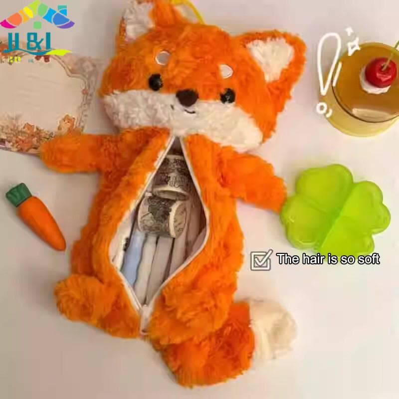 H & L Bolsa De Caneta De Pelúcia Fofa De Desenho Animado Fox Doll Estojo De Lápis Organizador De Papelaria De Grande Cap