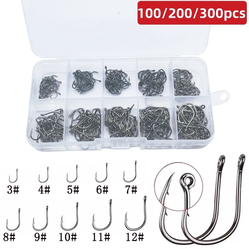 Novos anzóis de pesca de carpa em aço carbono de, 100/200/300 peças por caixa, 10 tamanhos disponíveis.