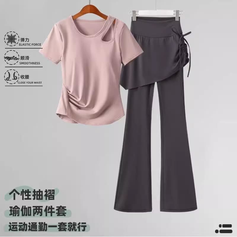 [Tao Hao Huo] Conjunto de Yoga para Primavera e Outono, Manga Curta com Recortes, Efeito Duas Peças, com Calças Ligeiram
