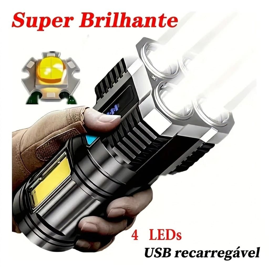 Lanterna Tática Led Recarregável Usb Com 4 Leds E Cob