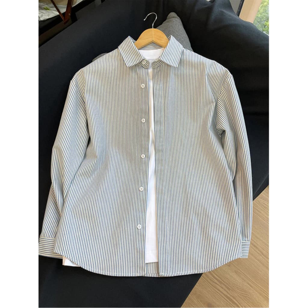 Camisa listrada azul masculina High-End primavera wear japonês Retro camisa solta Street wear jaqueta curta de manga com