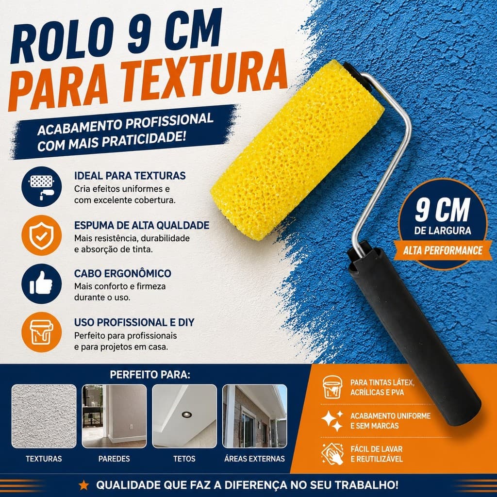 Rolo de Espuma para Textura 9 cm com Cabo Ideal para Efeitos Decorativos em Paredes e Artesanato