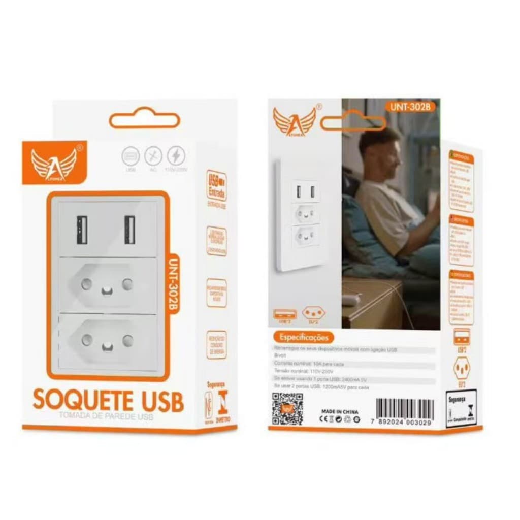 Tomada de Parede Dupla 10A Padrão Brasileiro com Duas Portas USB Embutidas Espelho 4x2 Inteligente Bivolt Certificado
