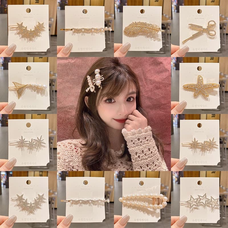 Presilha de Cabelo Coreana com Strass Lateral, Presilha de Laço Estilo Ins para Meninas, Presilha de Cabelo Tipo Bico de