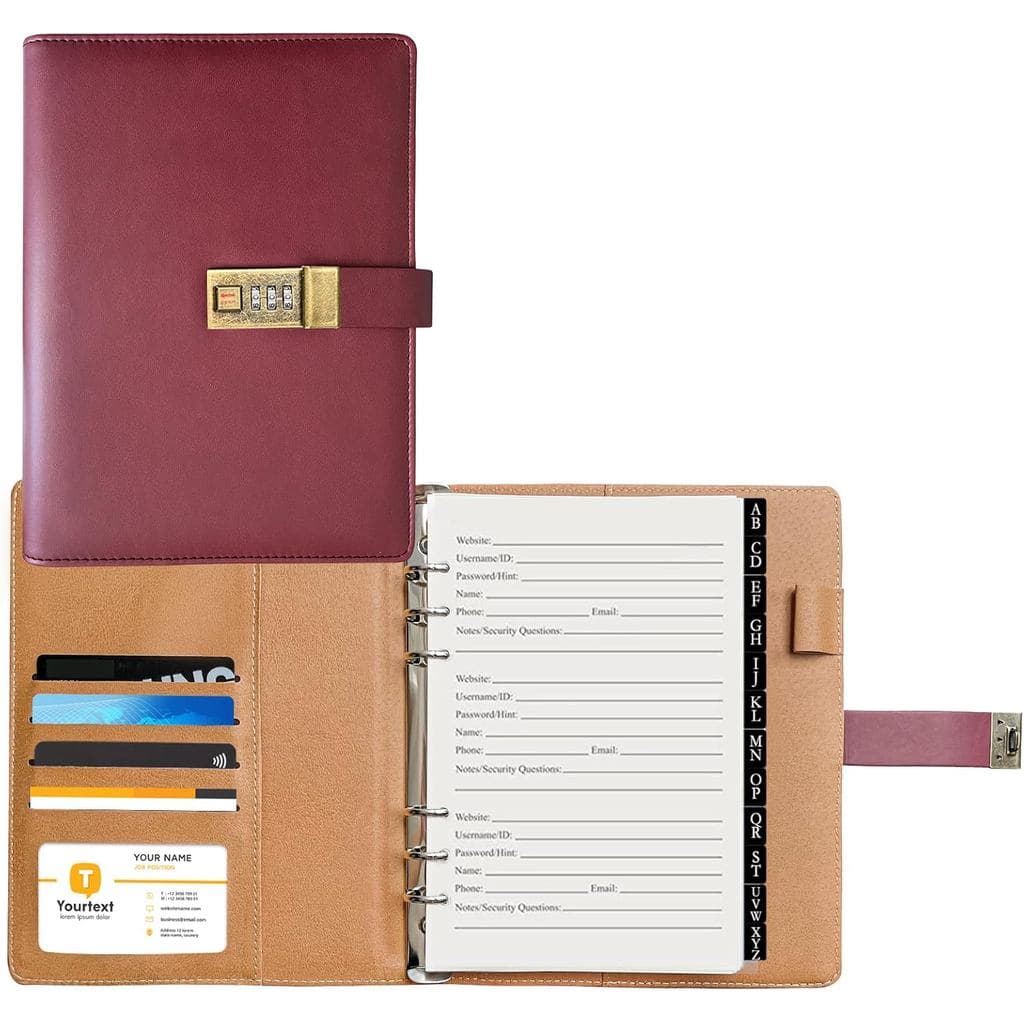 Caderno de Senhas A5 com Fechadura de Combinação e Abas Alfabéticas, 302 Páginas, Capa Dura em Couro Sintético, Organiza