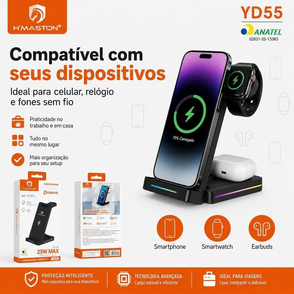 H'Maston YD55 Carregador 10000mAh Indutivo 3 em 1 Dobrável 25W Max com Luz LED RGB
