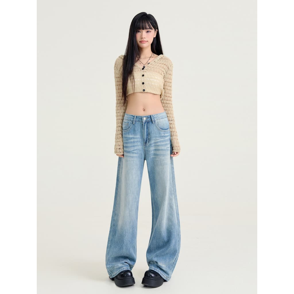 Vfvk cor clara verão Jeans feminino 2026 novo estilo calças pequenas femininas soltas retas Drape calças de perna larga