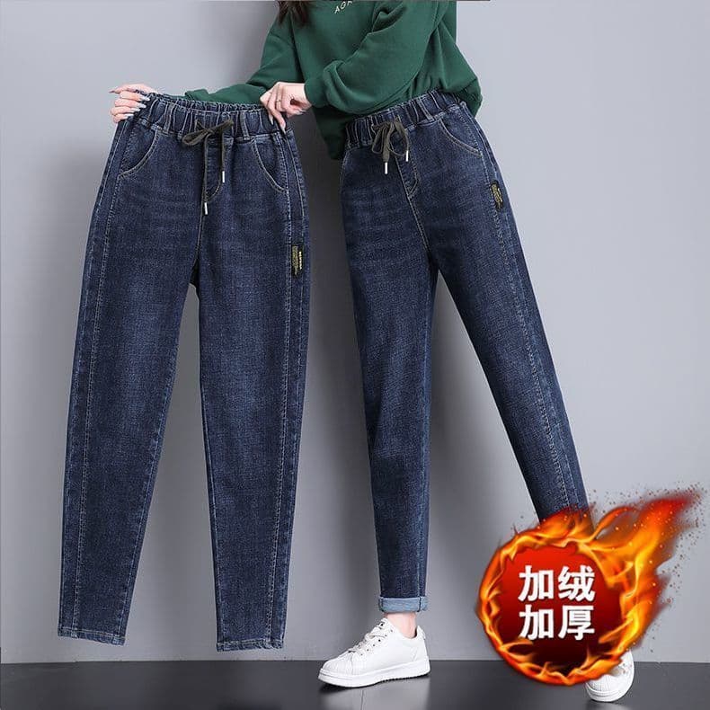 Cintura elástica mais veludo engrossado Jeans feminino em linha reta solta cintura alta mais magro olhar tamanho grande