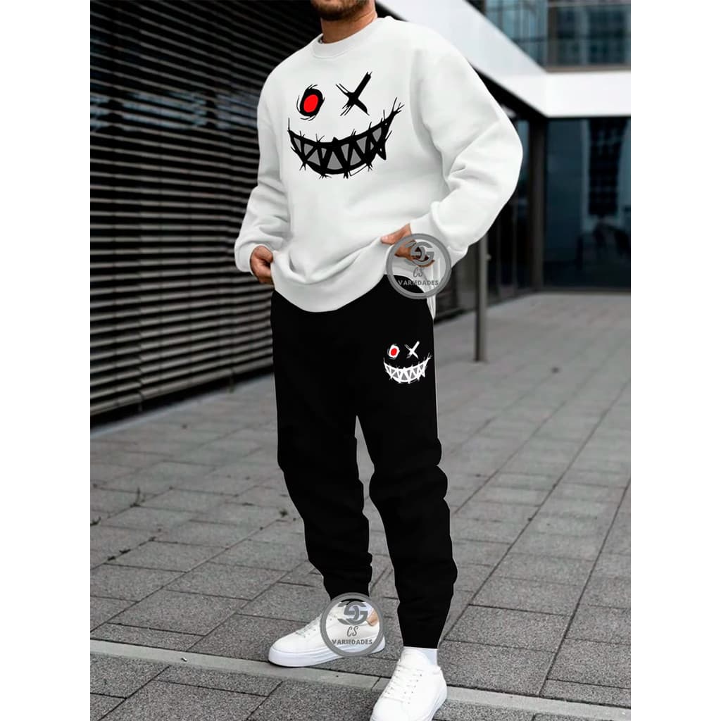 Conjunto de moletom Smiley desenhos Gola redonda moda casual solto moletom masculino e Feminino Blusa + Calça moletom